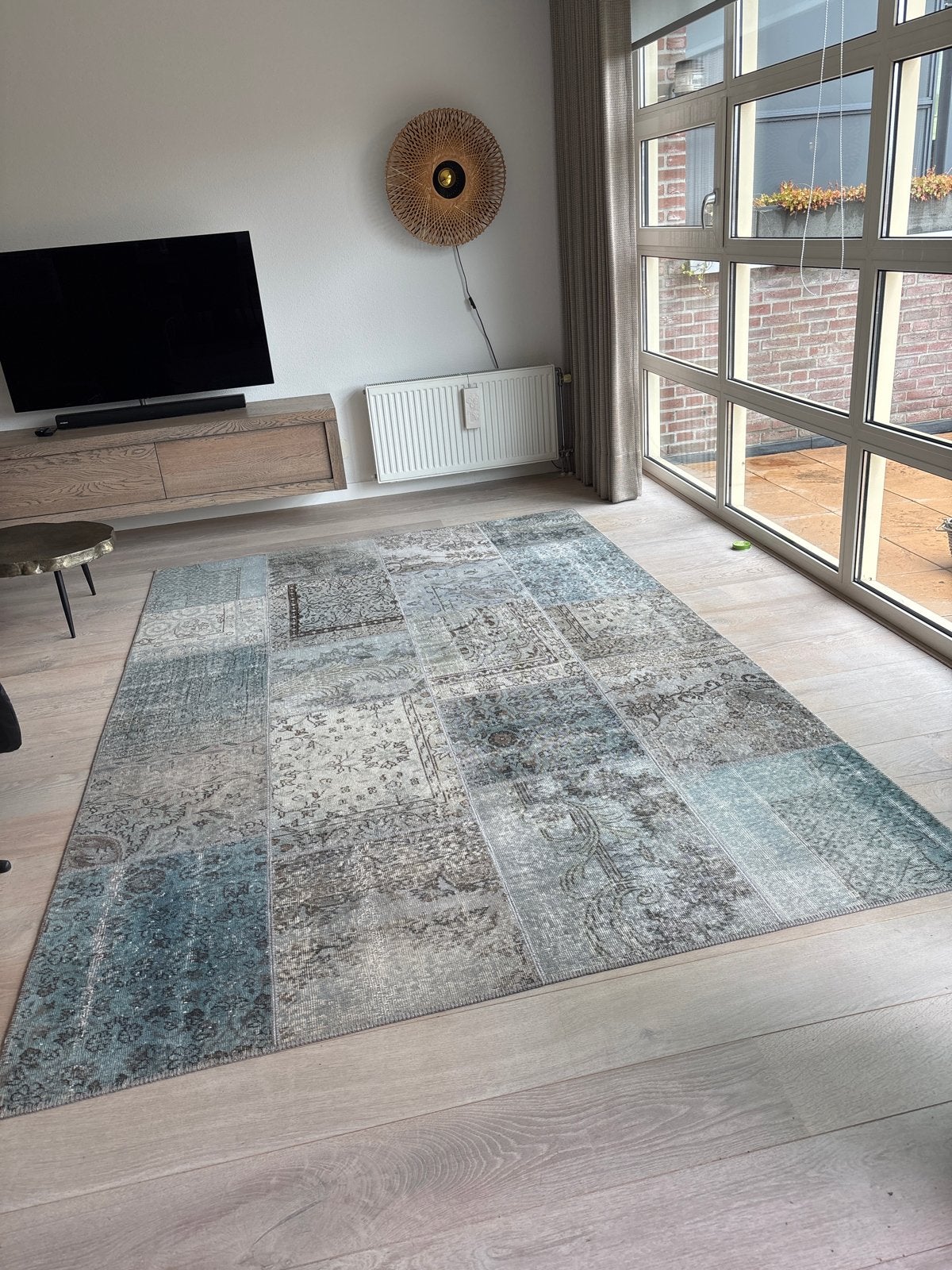 Brinker Patchwork Vloerkleed - Lichtblauw/Grijs, Huis en Inrichting, Stoffering | Tapijten en Kleden, Ophalen, Blauw, 150 tot 200 cm
