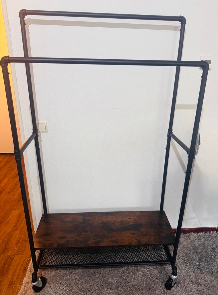 Kledingrek met dubbele stang en plank - Industrieel design, Ophalen, Met wielen, Zo goed als nieuw