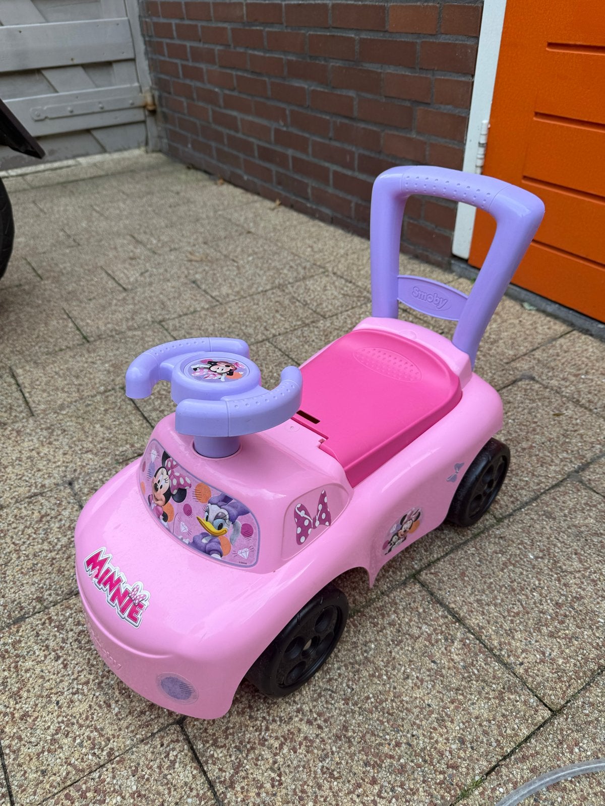 Roze Minnie Mouse loopauto met duwstang, Ophalen, Gebruikt, Loopvoertuig