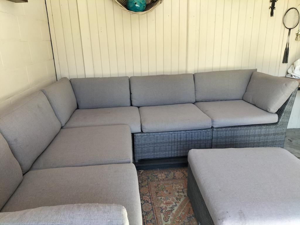 Grote Wicker Loungeset met Kussens en Hocker, Ophalen, Gebruikt, Bank, Meer dan 8 zitplaatsen