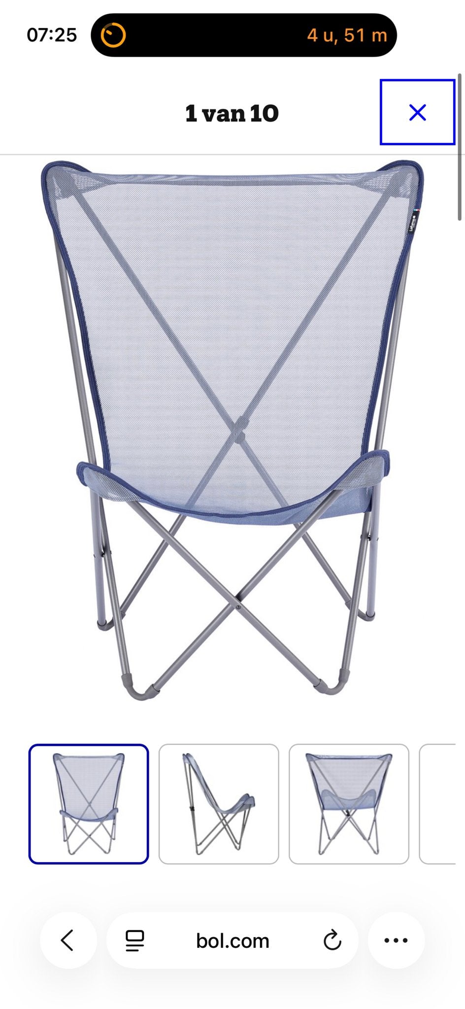 2x Lafuma Vlinderstoel XL Batyline Blauw - Goede staat!, Ophalen of Verzenden, Gebruikt, Campingstoel