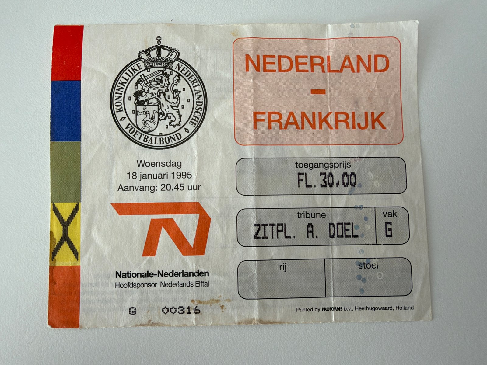 Ticket Nederland-Frankrijk 18-01-1995, Ophalen of Verzenden, Zo goed als nieuw, Overige binnenlandse clubs, Overige typen