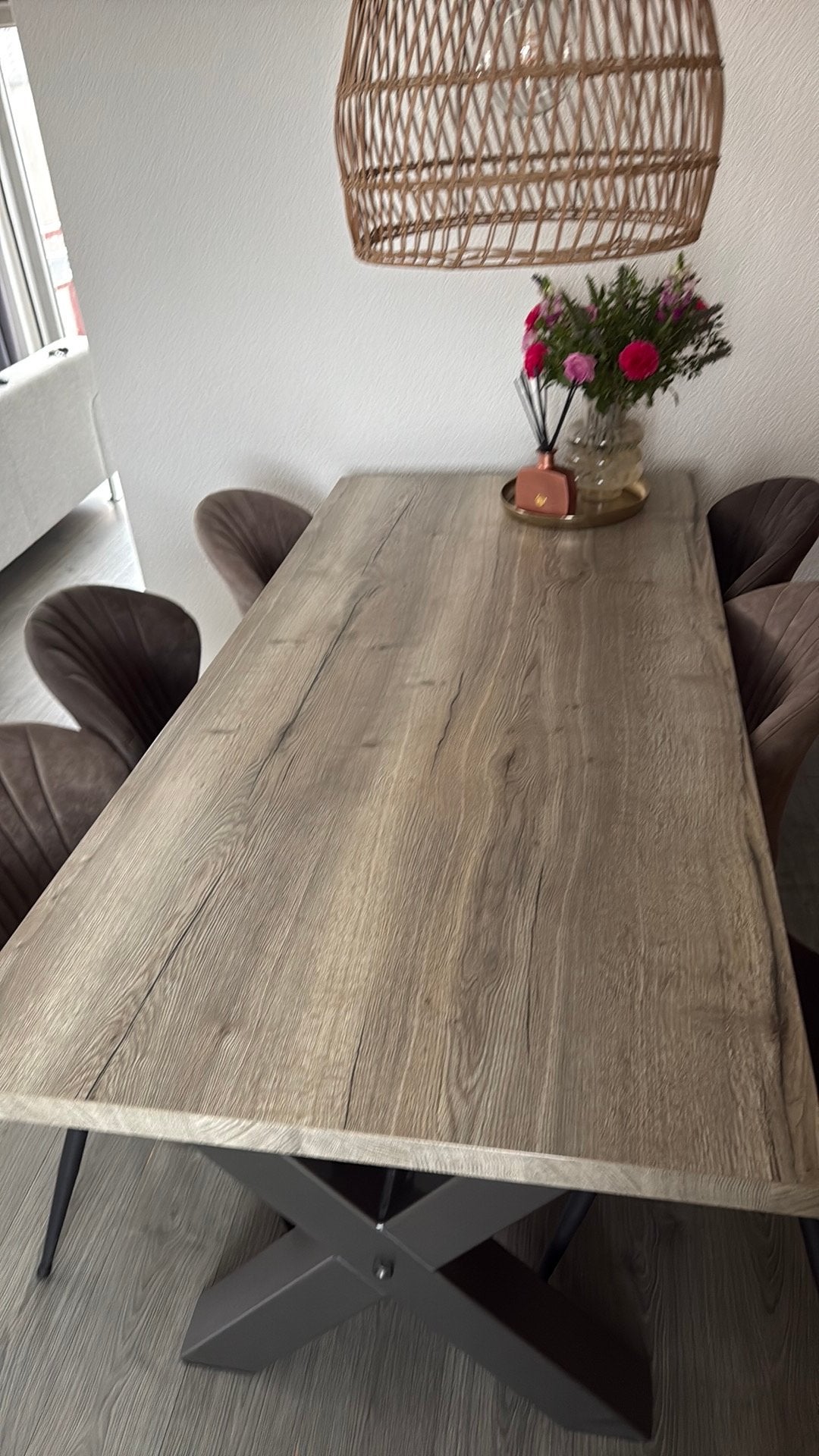 Eettafel 190x90cm met nep houten blad en metalen onderstel, Ophalen, Gebruikt, 50 tot 100 cm, Vijf personen of meer