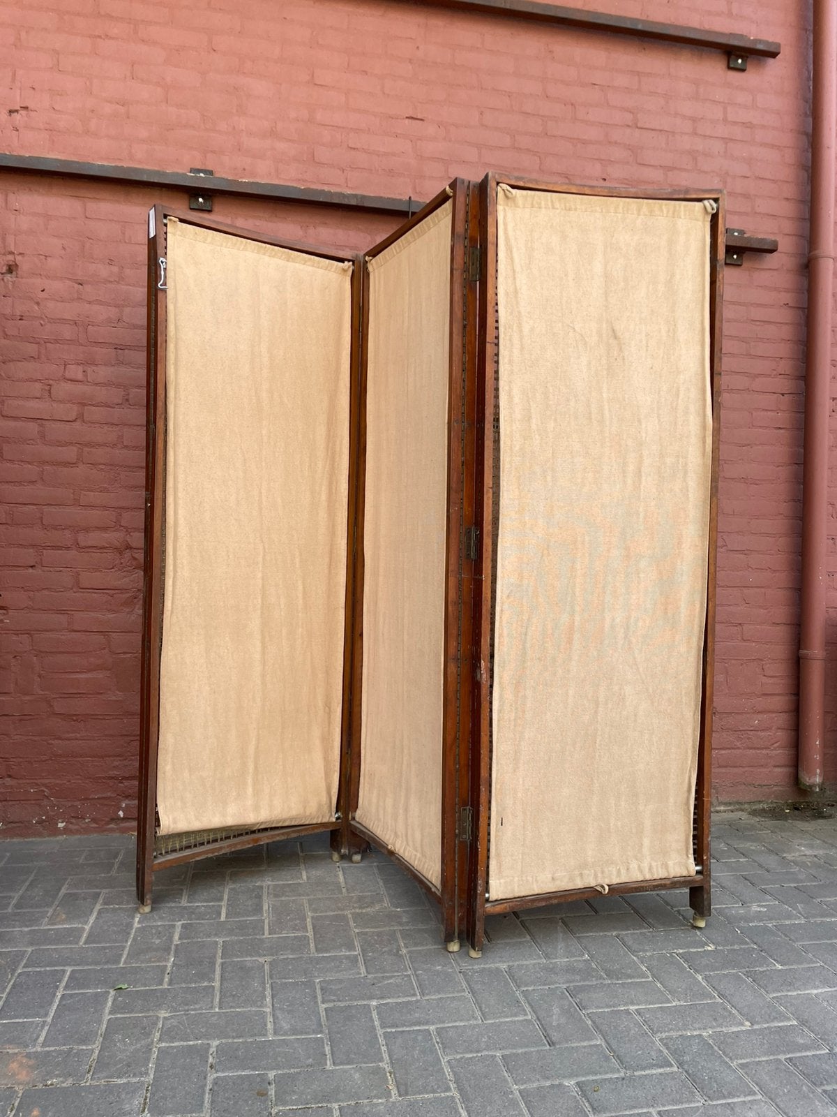 Vintage 3-slag teakhouten kamerscherm met linnen doeken, Ophalen of Verzenden, Gebruikt