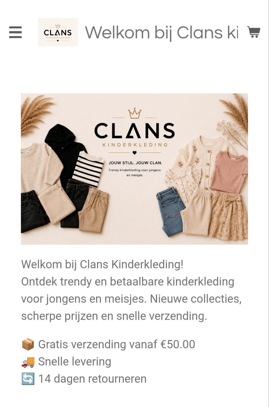 Clans kinderkleding -  webshop, Ophalen of Verzenden, Nieuw, Clans Kinderkleding, Jongen of Meisje