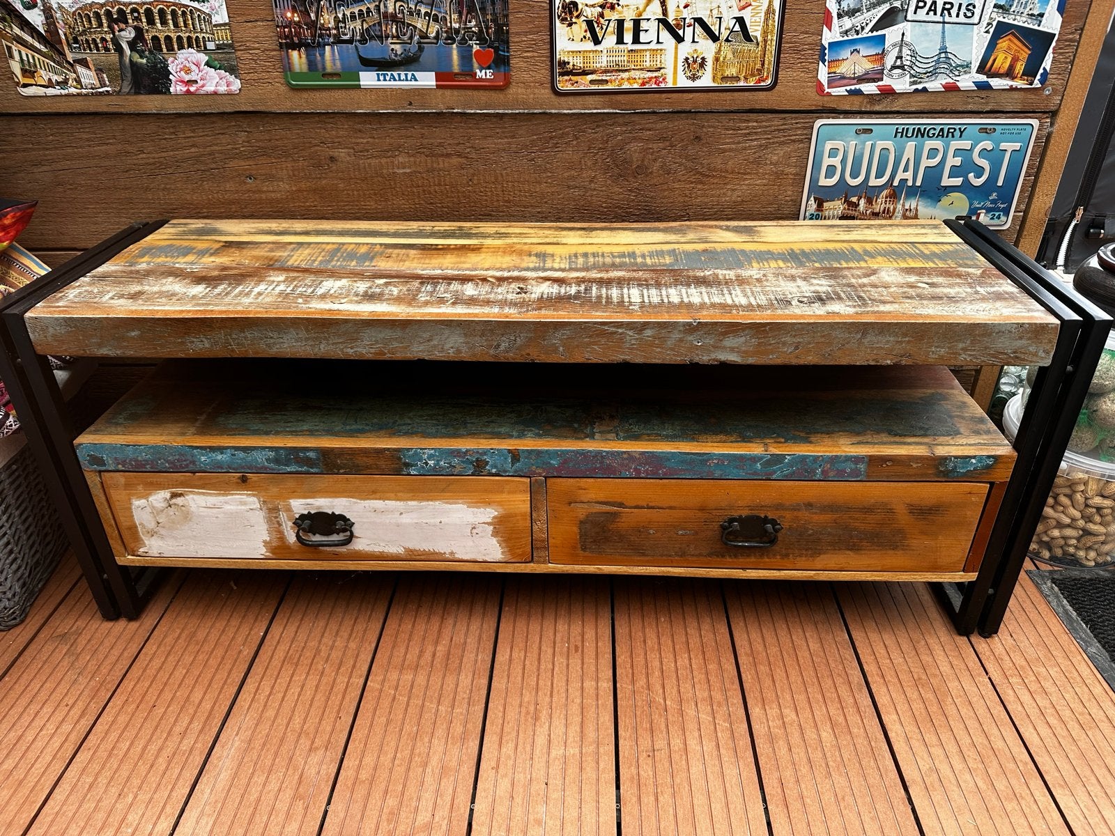 Industrieel TV-meubel van gerecycled hout met metalen frame, Ophalen, Gebruikt, 100 tot 150 cm, Minder dan 100 cm