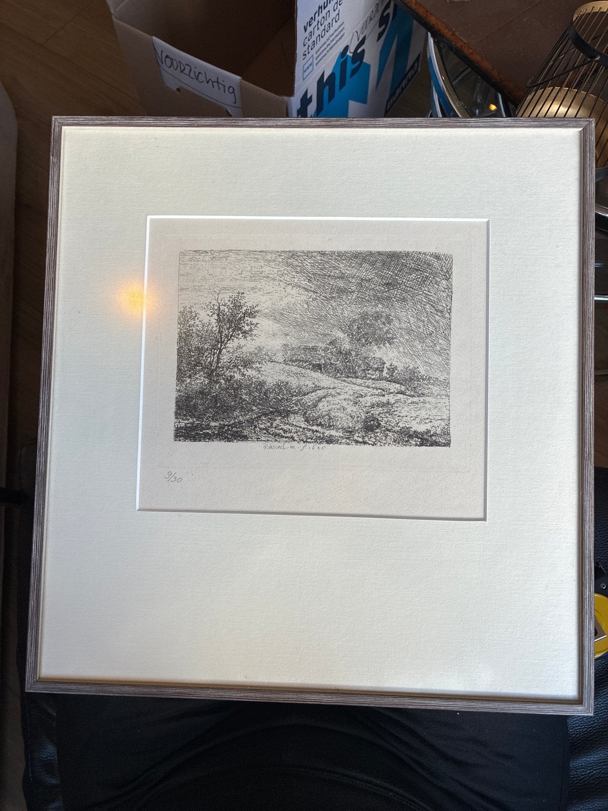 Professioneel ingelijste ets van J. van Ruisdael, Antiek en Kunst, Ophalen, Landschap, 1950 - 1999, Genummerd