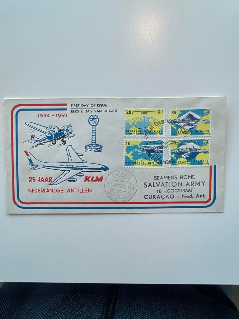 KLM 25 jaar luchtverbinding (1934-1959) FDC Curaçao, Postzegels en Munten, Postzegels | Eerstedagenveloppen, Ophalen of Verzenden