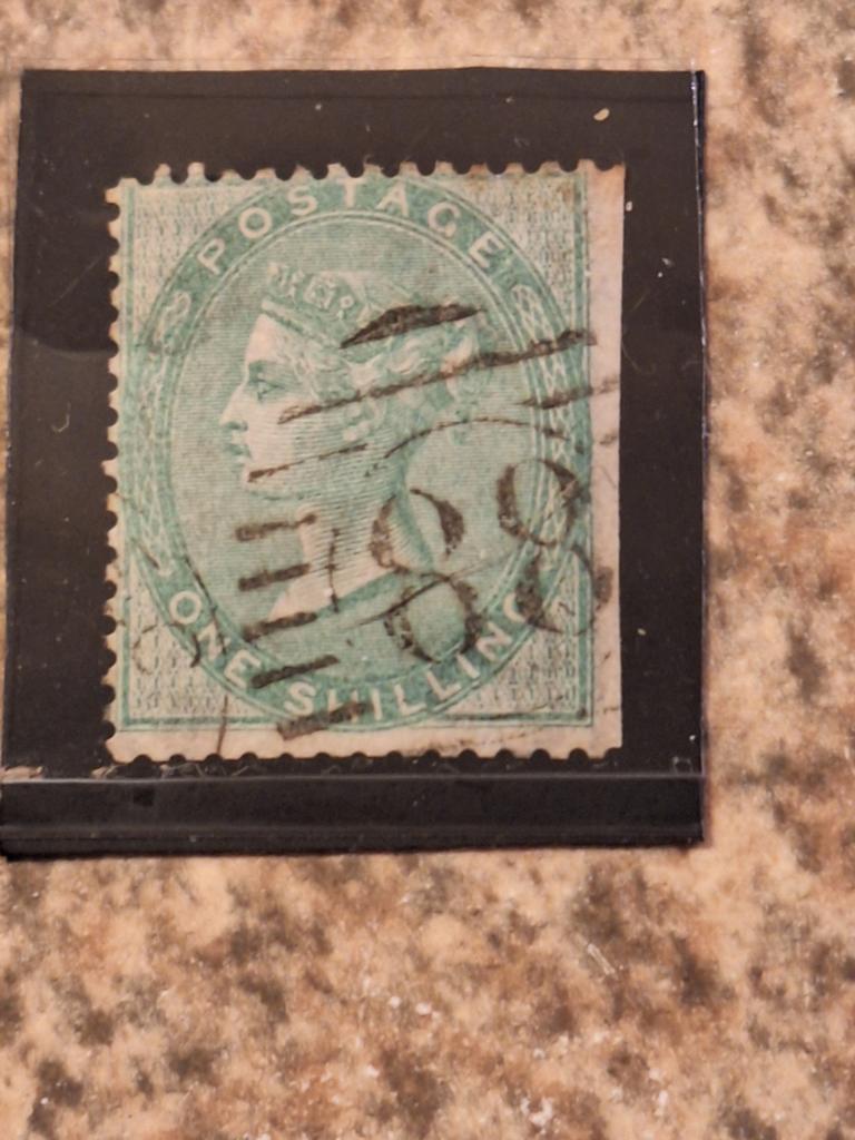 Engeland 1856 1sh geelgroen Victoria postzegel gestempeld, Verzenden, T/m 1940, Gestempeld