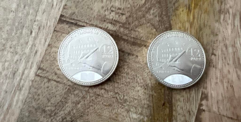2x 12 Euro Spanje 50 Aniversario Tratado de Roma zilver, Postzegels en Munten, Munten | Nederland, Ophalen of Verzenden, Overige waardes