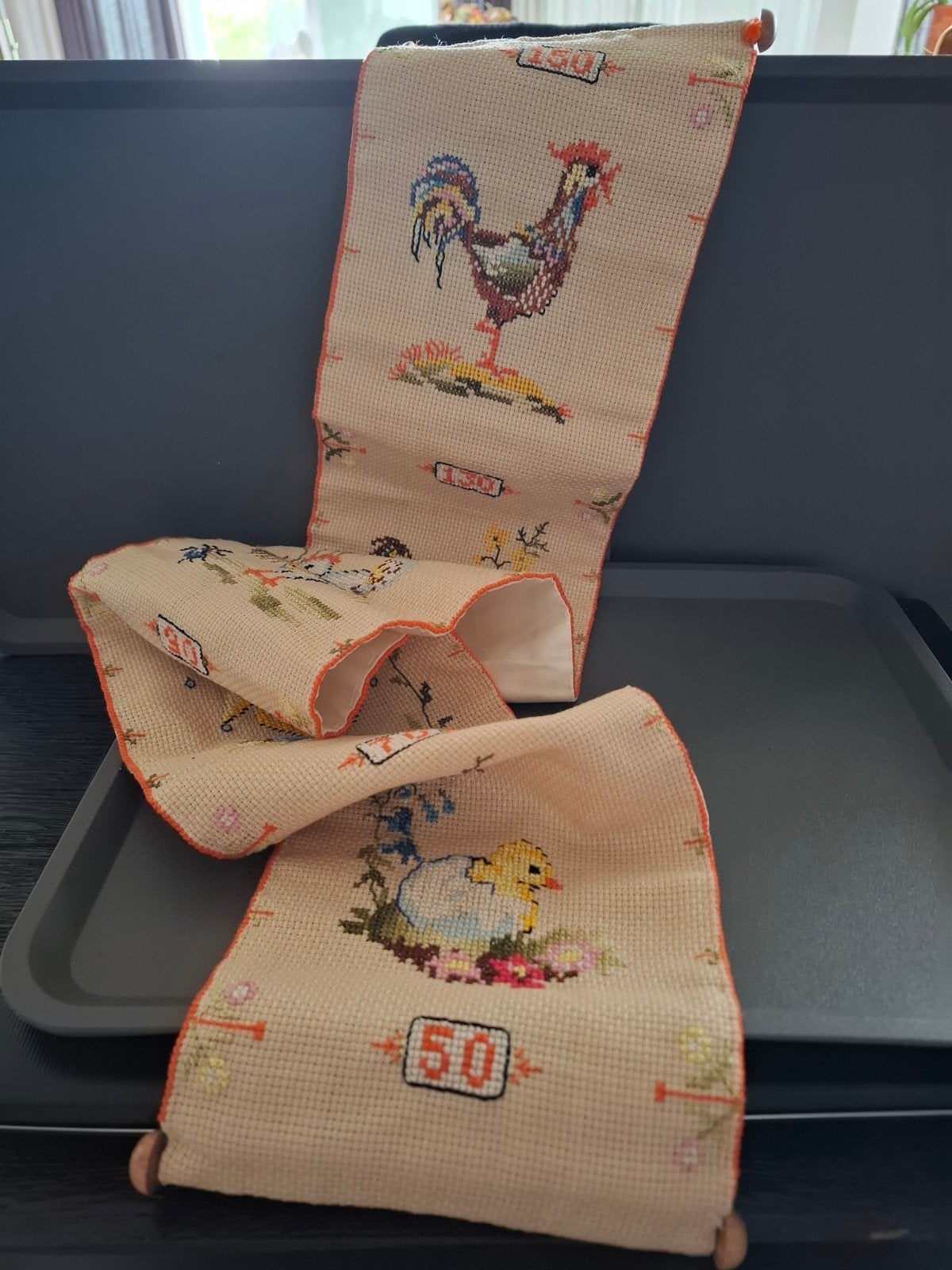 Vintage Geborduurd Schellekoord met Kuikens en Hanen, Ophalen of Verzenden