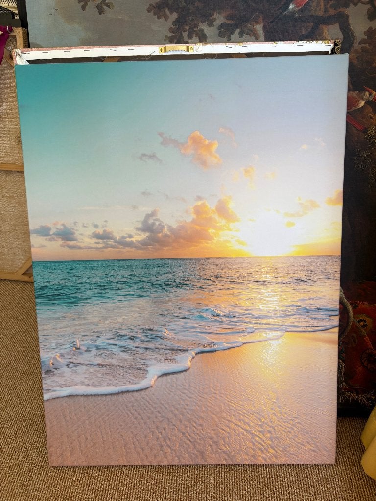 Canvas met zeezicht en ondergaande zon, Ophalen, Gebruikt, Overige typen, 75 – 100