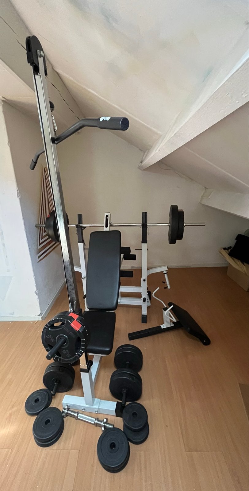 Multifunctionele krachtstation met benchpress en gewichten, Ophalen, Gebruikt, Krachtstation, Armen
