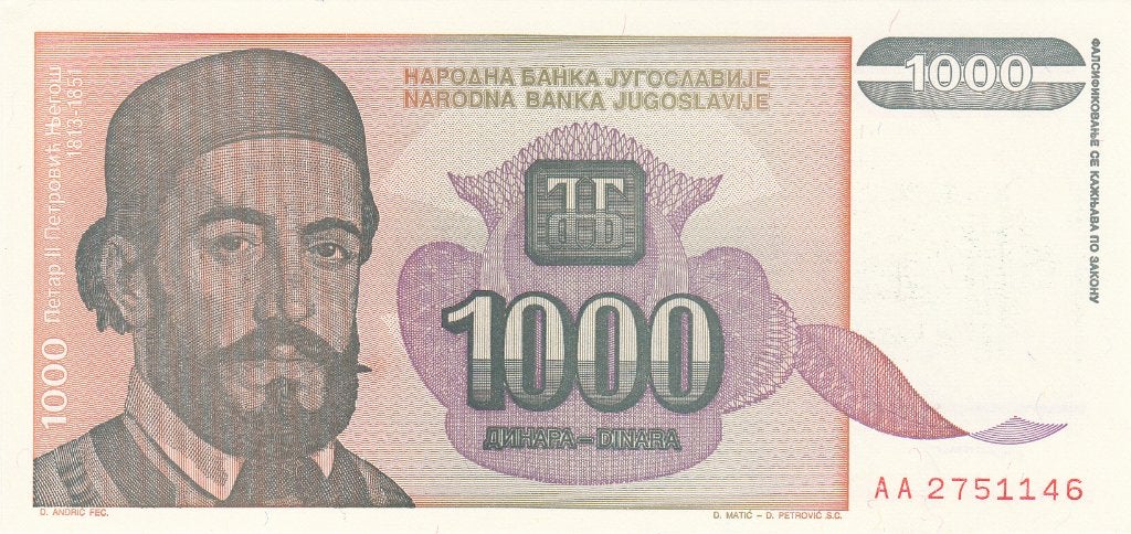 Joegoslavië -1000 Dinar 1994 UNC serie AA 2751146 - P140.a, Postzegels en Munten, Ophalen of Verzenden, Joegoslavië