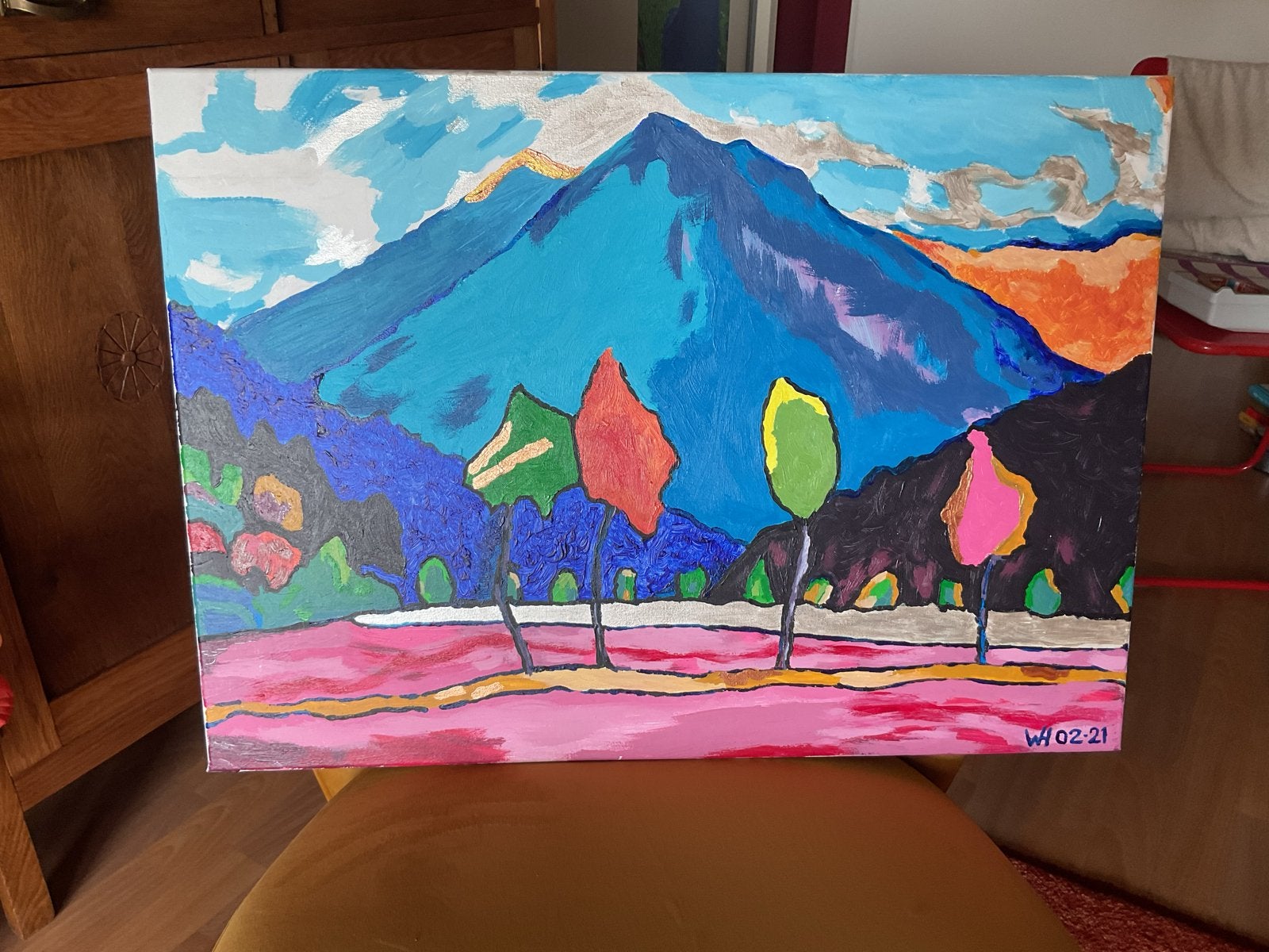 Schilderij acryl op canvas, vrij naar Gabriele Münter, Antiek en Kunst, Landschap, Acrylverf, Handgeschilderd, Ophalen of Verzenden