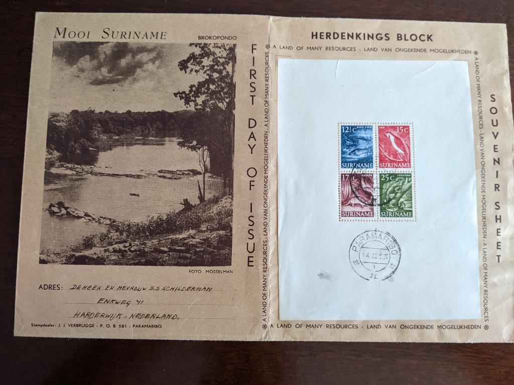 SURINAME 1955; FDC BLOK INHEEMSE VOORSTELLINGEN LEES, Postzegels en Munten, Postzegels | Eerstedagenveloppen, Verzenden, Beschreven