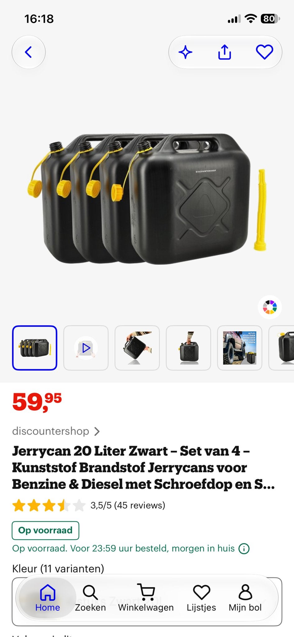 Set van 4 nieuwe 20 liter jerrycans, zwart, Ophalen