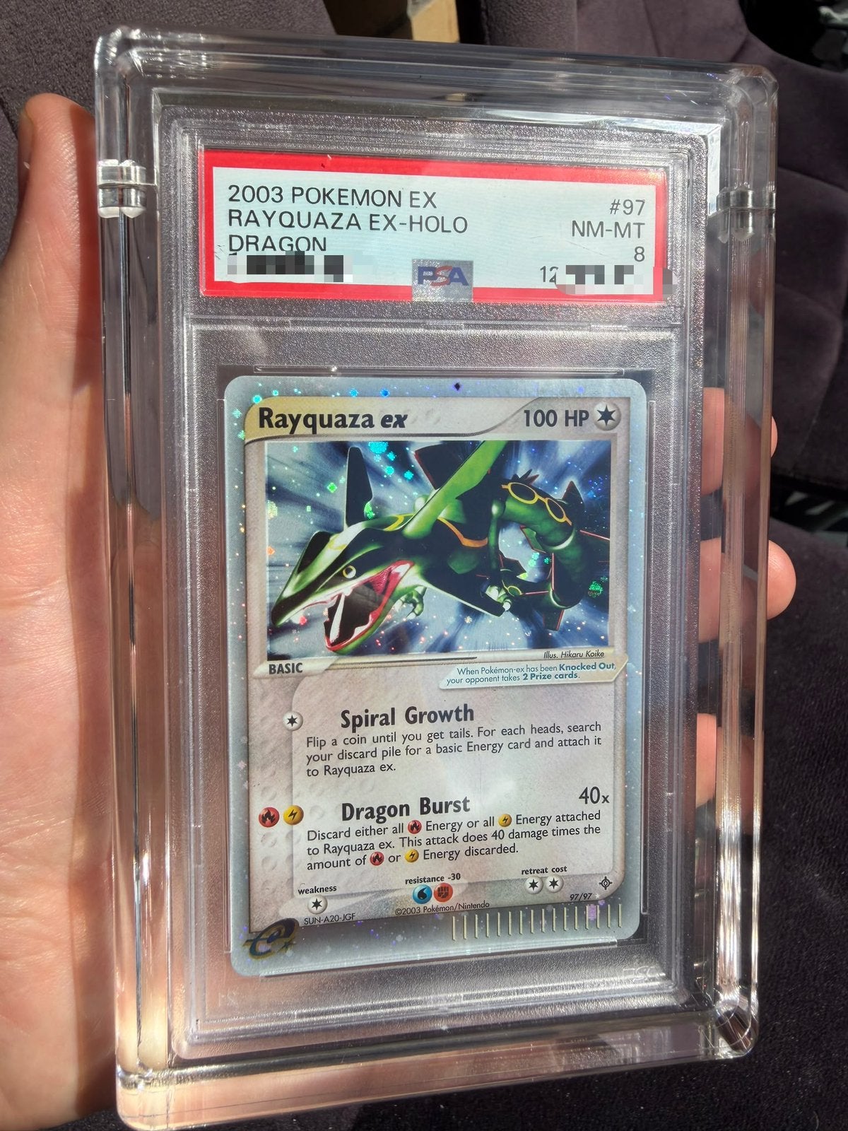 Te ruil: Rayquaza ex #97 Ex Dragon PSA 8 - 100% vs 100% ruil, Ophalen, Nieuw, Losse kaart, Foil