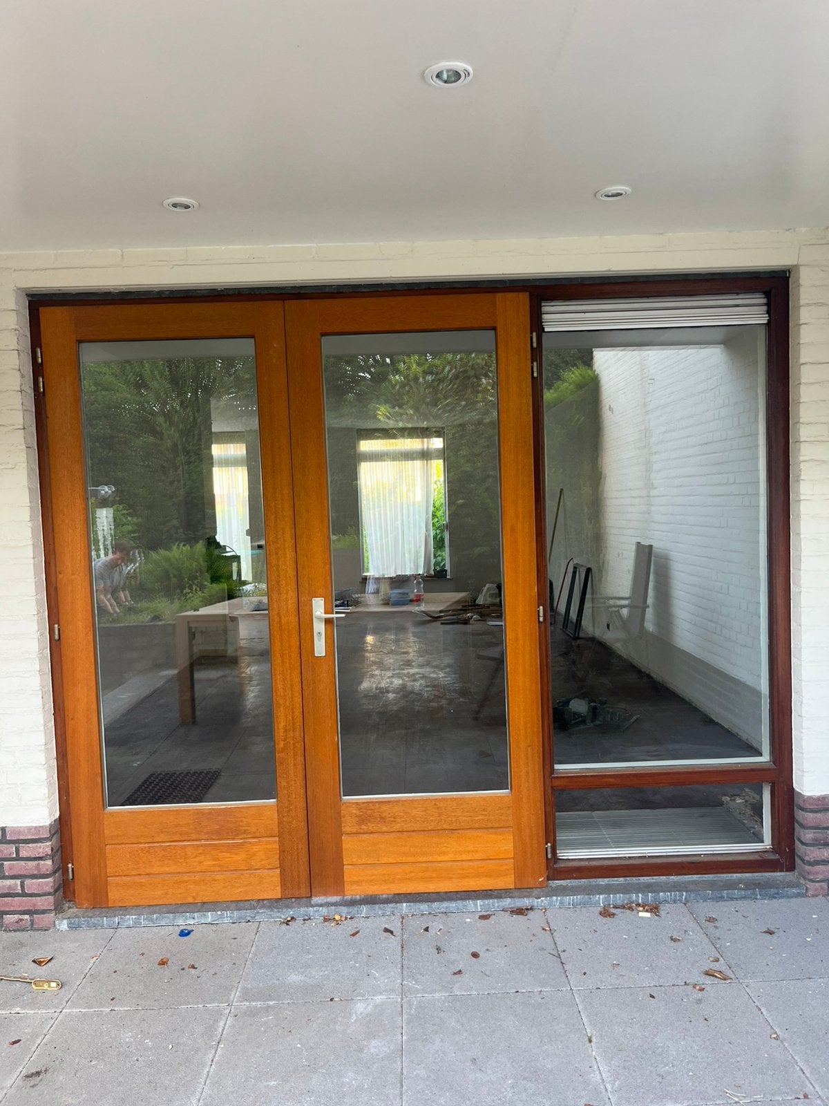 Houten openslaande deuren met zijlicht/raam en aparte deur, Doe-het-zelf en Verbouw, Ophalen, Gebruikt, Buitendeur, Glas