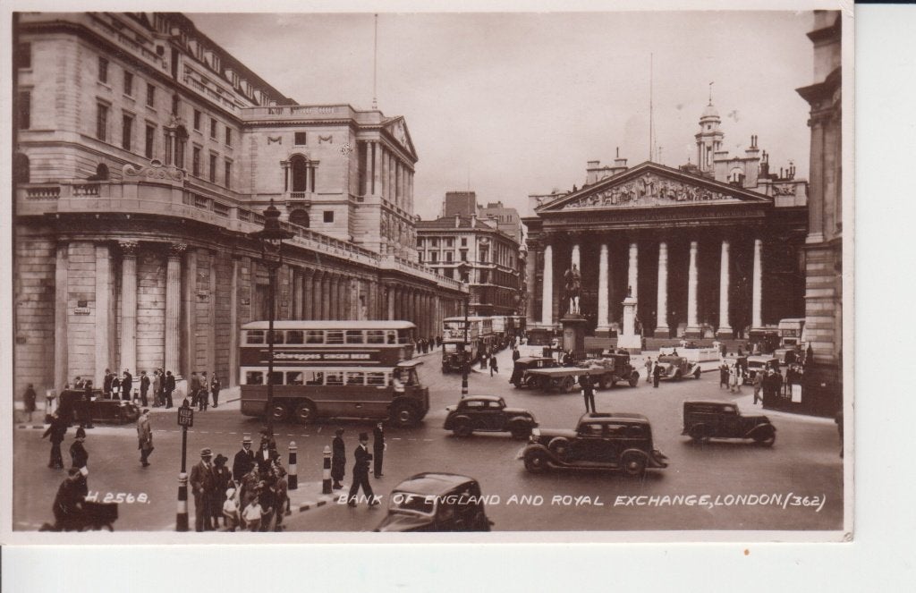 D075 ansichtkaart London 1947 auto's met dubbeldekker, Ophalen of Verzenden, 1940 tot 1960, Gelopen, Engeland