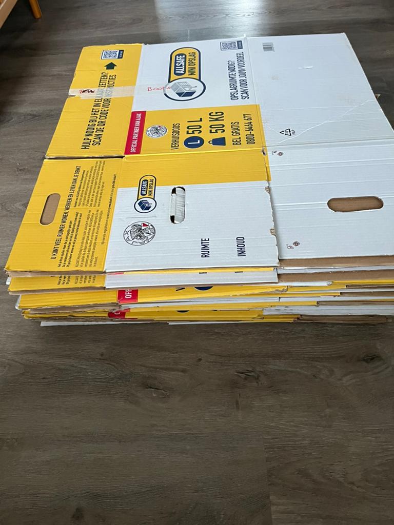 30 verhuisdozen all safe 50 l, Doe-het-zelf en Verbouw, Kratten en Dozen, Ophalen, Doos, 50 tot 75 cm, Zo goed als nieuw