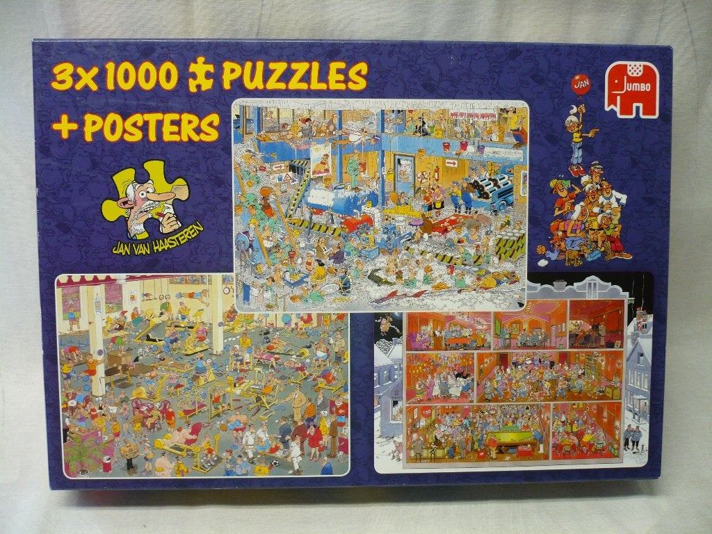 Puzzelbox van Jan van Haasteren met 3 puzzels van 1000 stuks, Hobby en Vrije tijd, Ophalen of Verzenden, 500 t/m 1500 stukjes