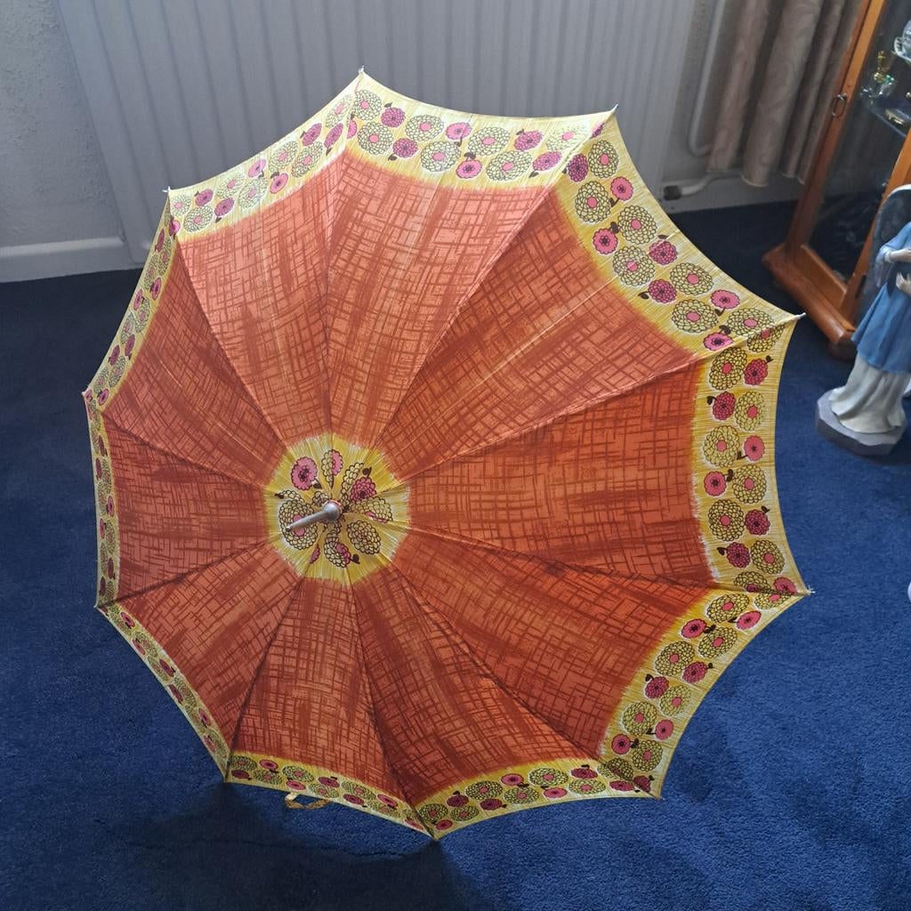 (i) Vintage Paraplu Oranje met Bloemenprint, Sieraden, Tassen en Uiterlijk, Paraplu's, Ophalen, Gebruikt, Oranje