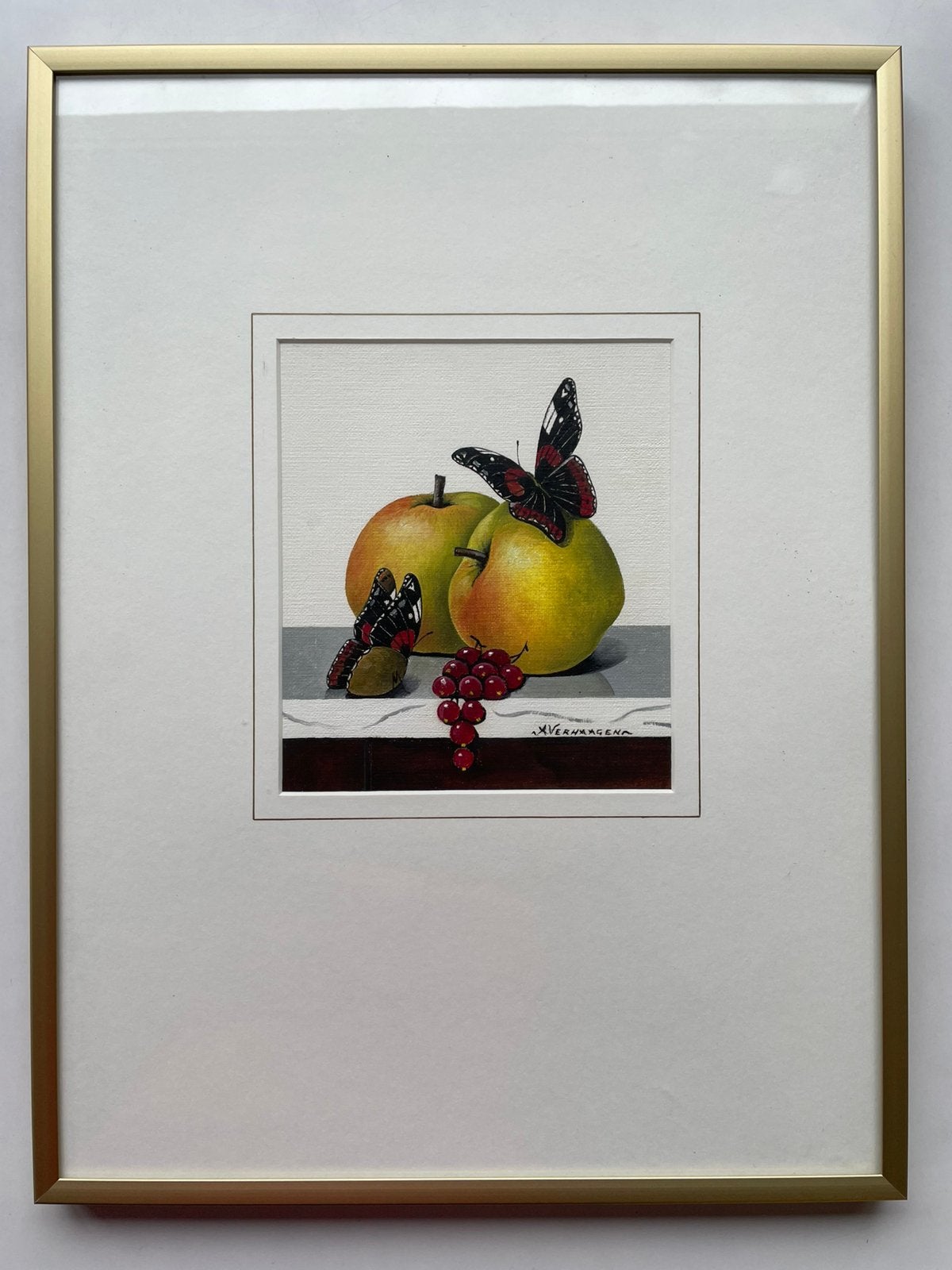 Prachtig schilderij, fruit en vlinders lijst 40 bij 30 cm, Ophalen, Klassiek, Achter glas, Stilleven