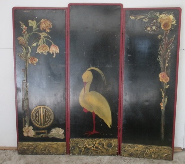 art nouveau Japanse zwart gelakt kamerscherm bloemen gips, Antiek en Kunst, Ophalen