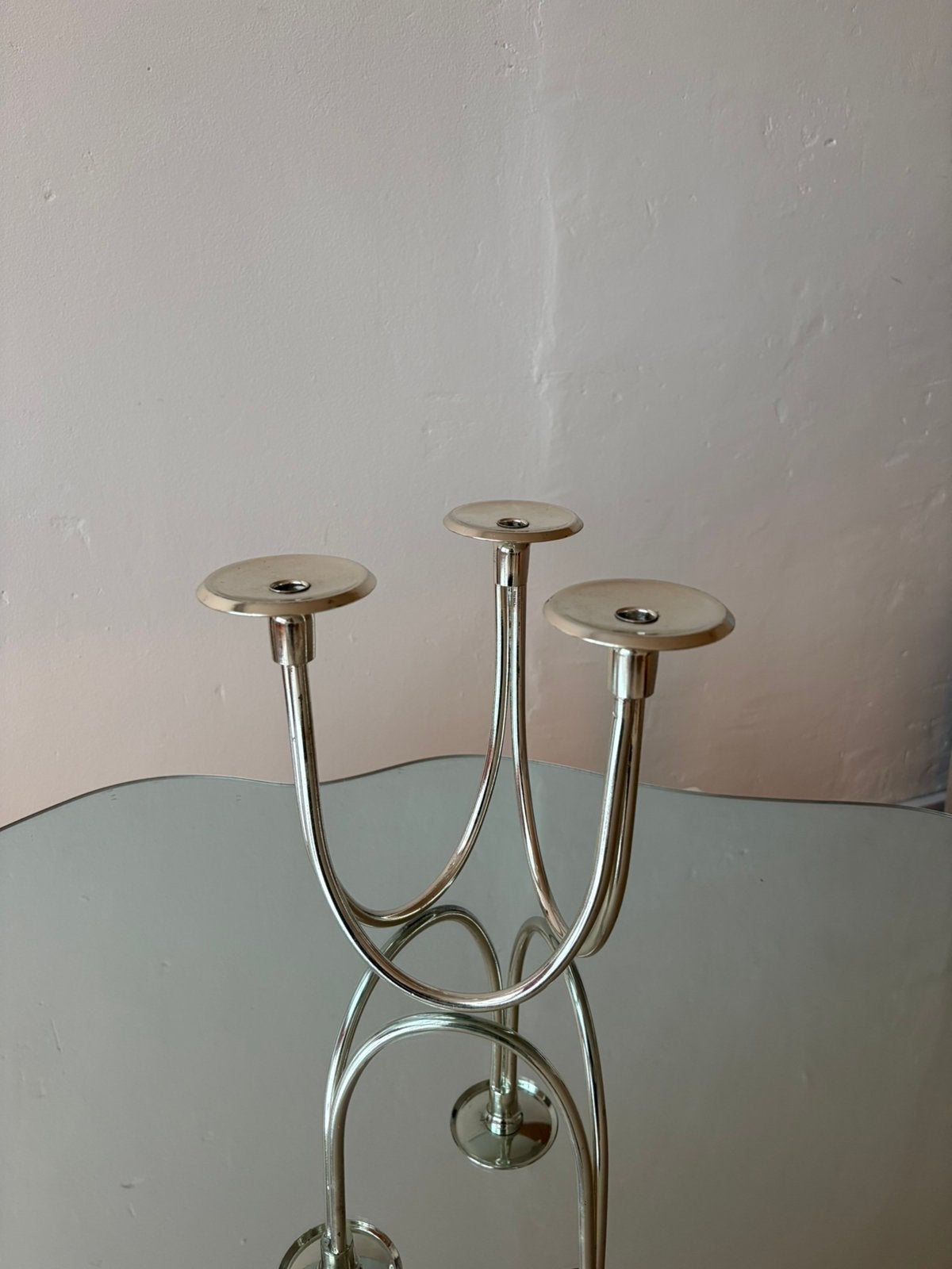 Franse designer kandelaar van verzilverd metaal, Gebruikt, Ophalen of Verzenden, Metaal, Kandelaar