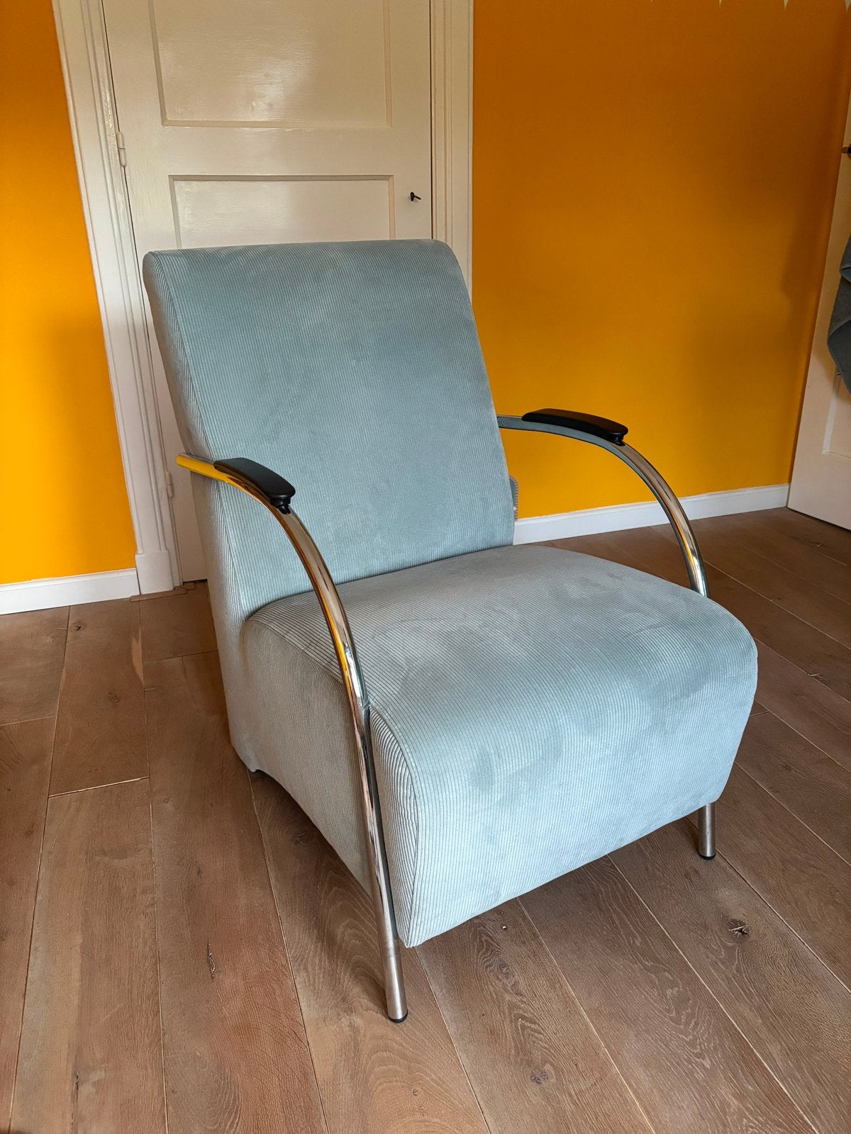 Halifax fauteuil - Lichtblauw rib, Huis en Inrichting, Ophalen, Gebruikt, 75 tot 100 cm, Stof