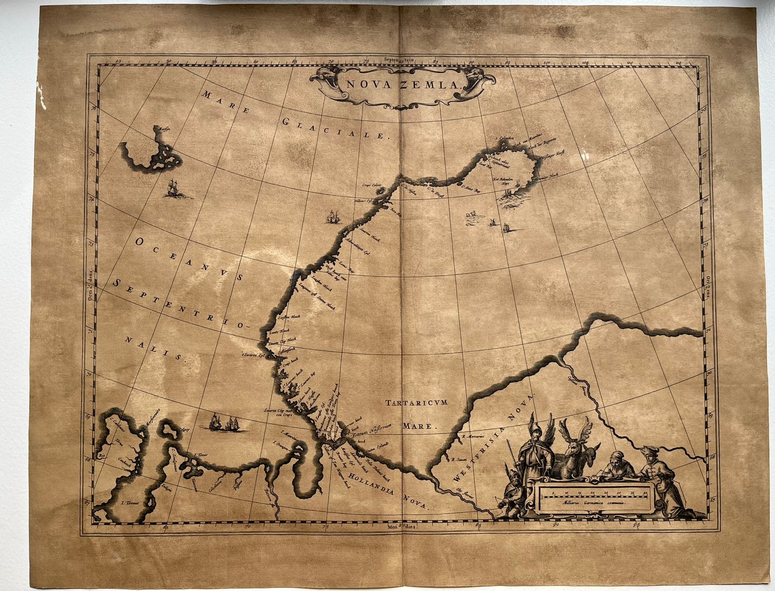 Kopie van Nova Zemla - Johannes Blaeu - 1662 - latere afdruk, 46 cm, 1950 - 1999, Ophalen of Verzenden, 58 cm