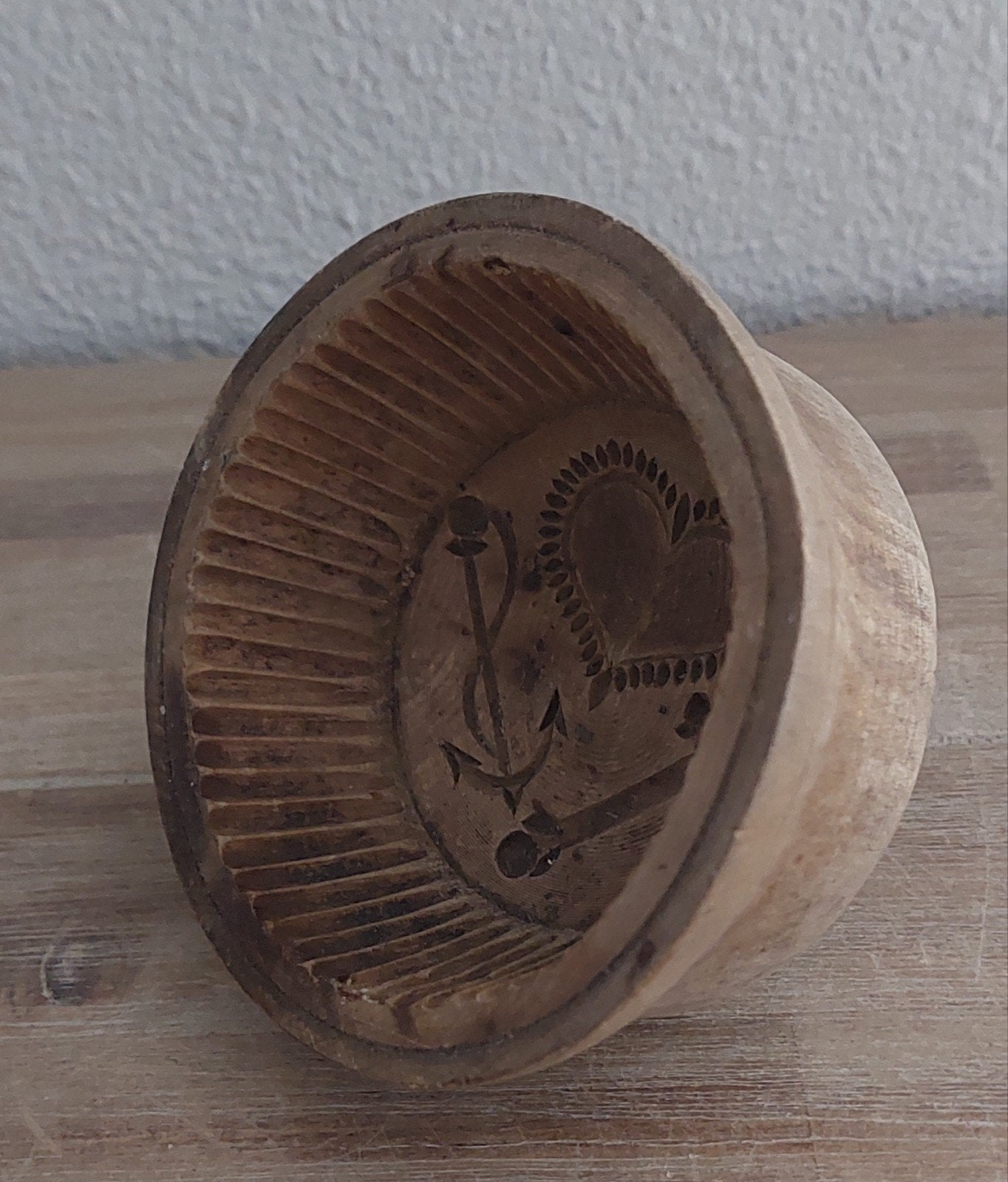 Antieke houten botervorm - geloof hoop liefde, Ophalen of Verzenden