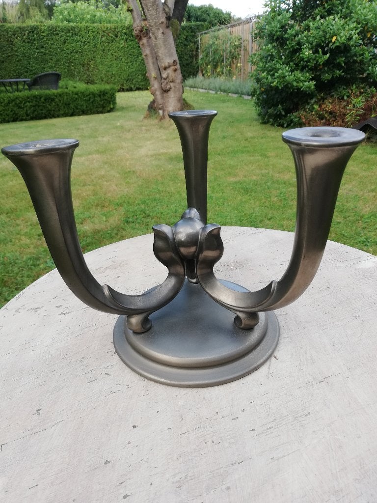 Mooie sobere tinnen art deco kandelaar, 3 armen, 19 cm hoog, Ophalen of Verzenden