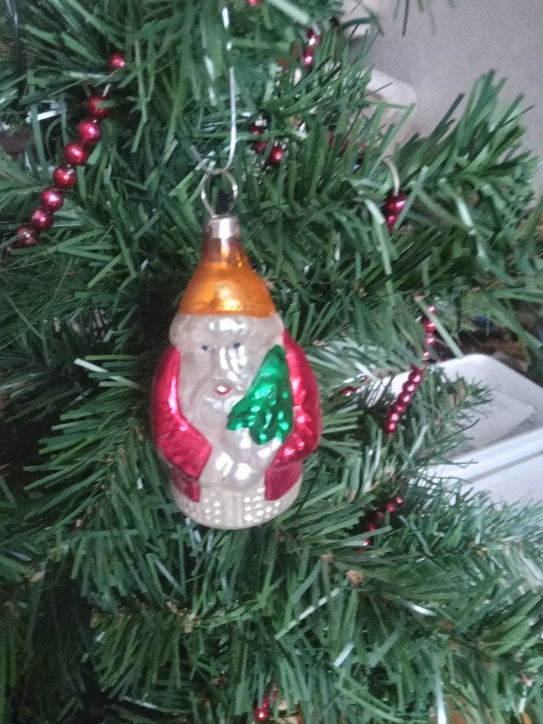 oude glazen kerstbal model kerstman rode jas oranje muts, Ophalen of Verzenden, Gebruikt