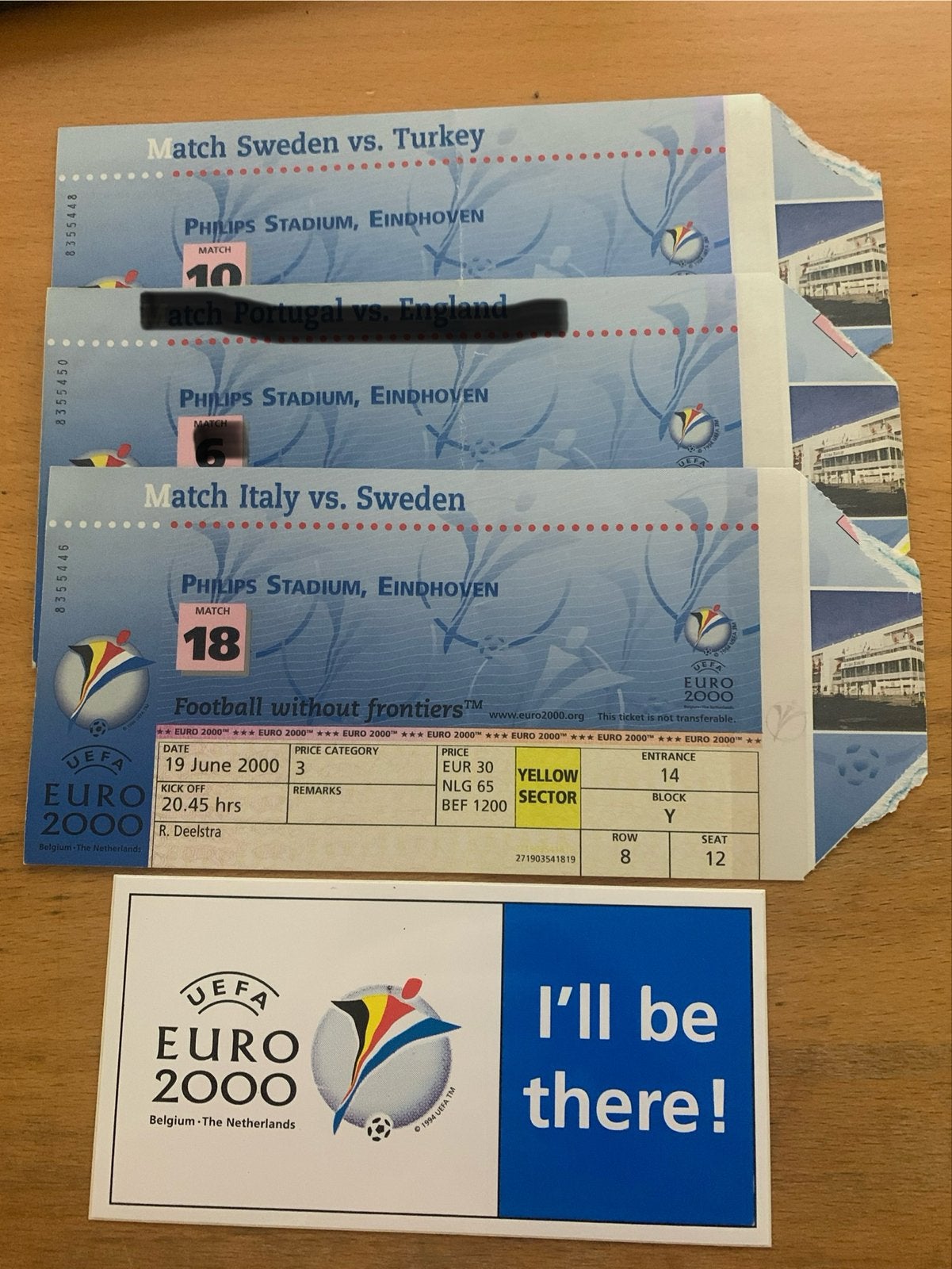 Euro 2000 voetbal, 2 EK kaartjes en sticker, Tickets en Kaartjes, Losse kaart, Twee personen