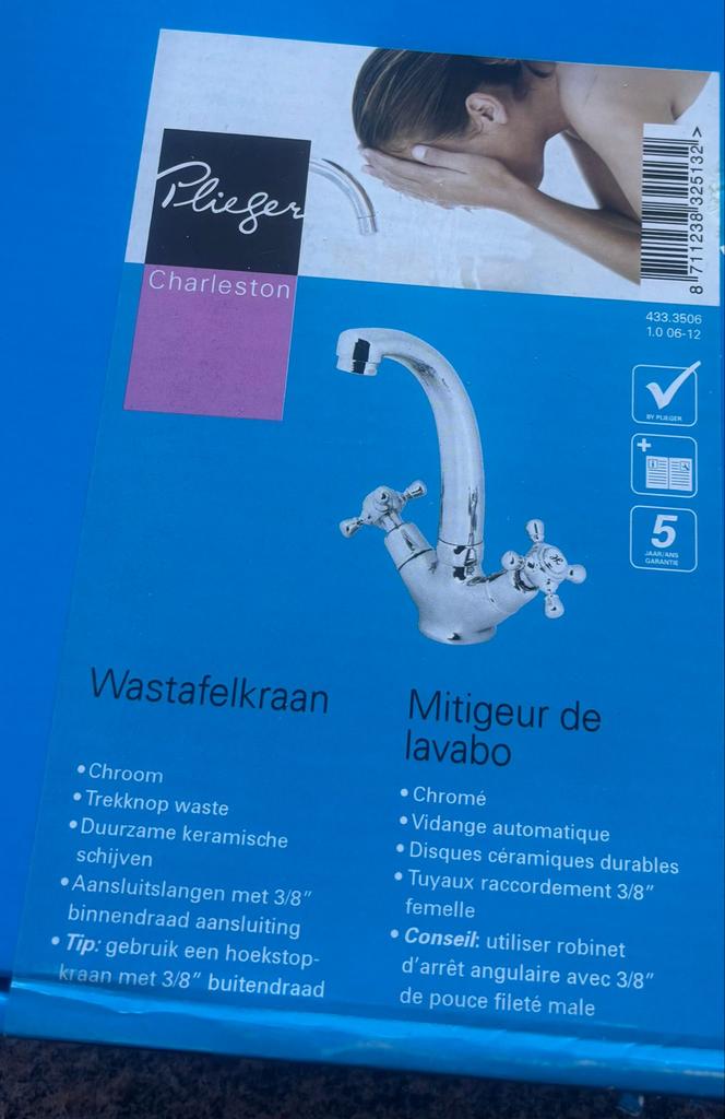 Plieger Charleston Wastafelkraan - Nieuw in doos, Ophalen of Verzenden, Nieuw, Chroom, Kraan