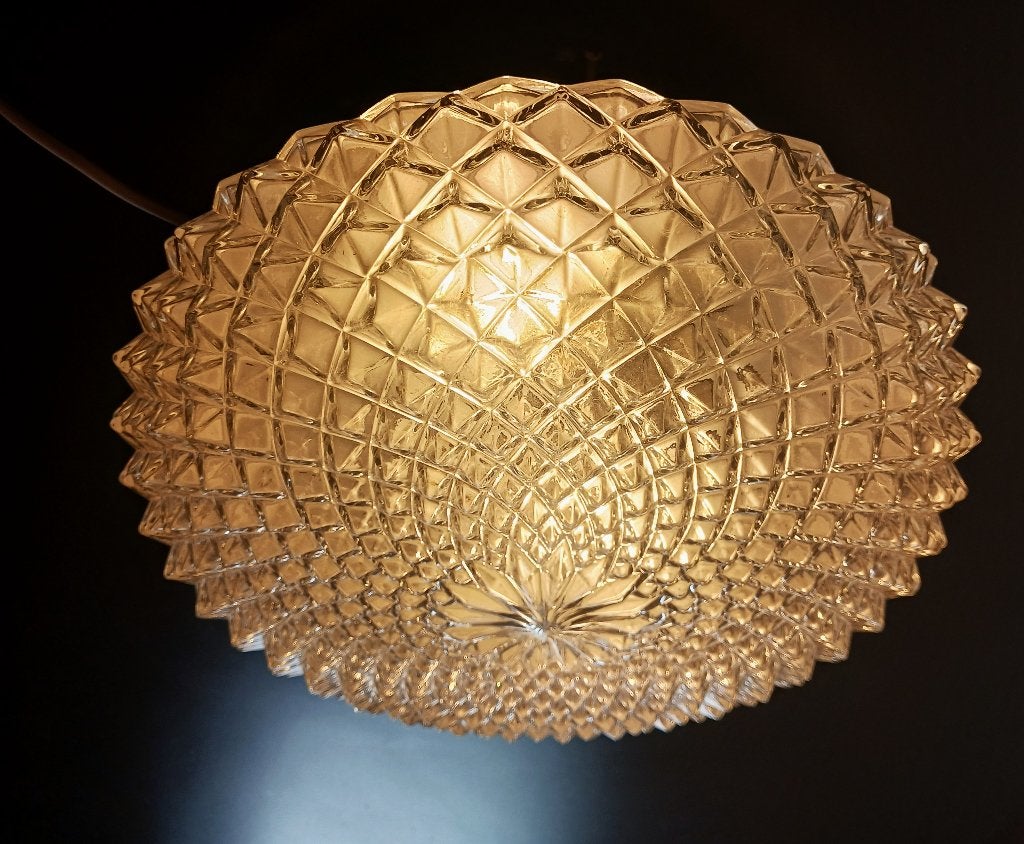 Vintage Glazen Plafonnière Wafelglas / Diamant – Jaren 60/70, Ophalen of Verzenden, Gebruikt, Glas, Mid-Century Modern / Retro / Hollywood Regency