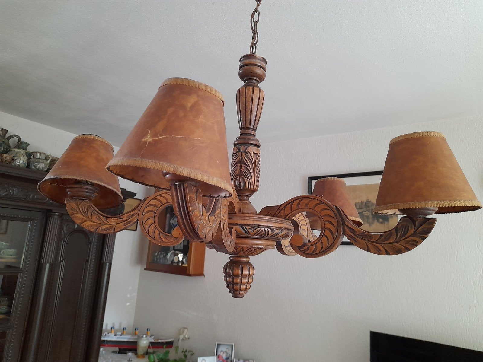 5-armige houtgesneden hanglamp kroonluchter, Ophalen, Gebruikt, Hout, E27 (groot)