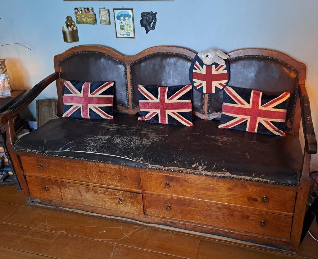 Grote brocante notarisbank / hal bank met lades hout antiek, Ophalen