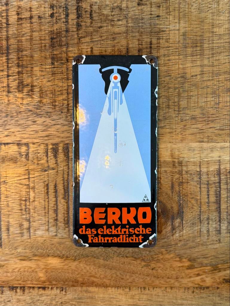 Emaille Reclamebord / Deurpostje Berko Fietsverlichting, Ophalen of Verzenden, Reclamebord