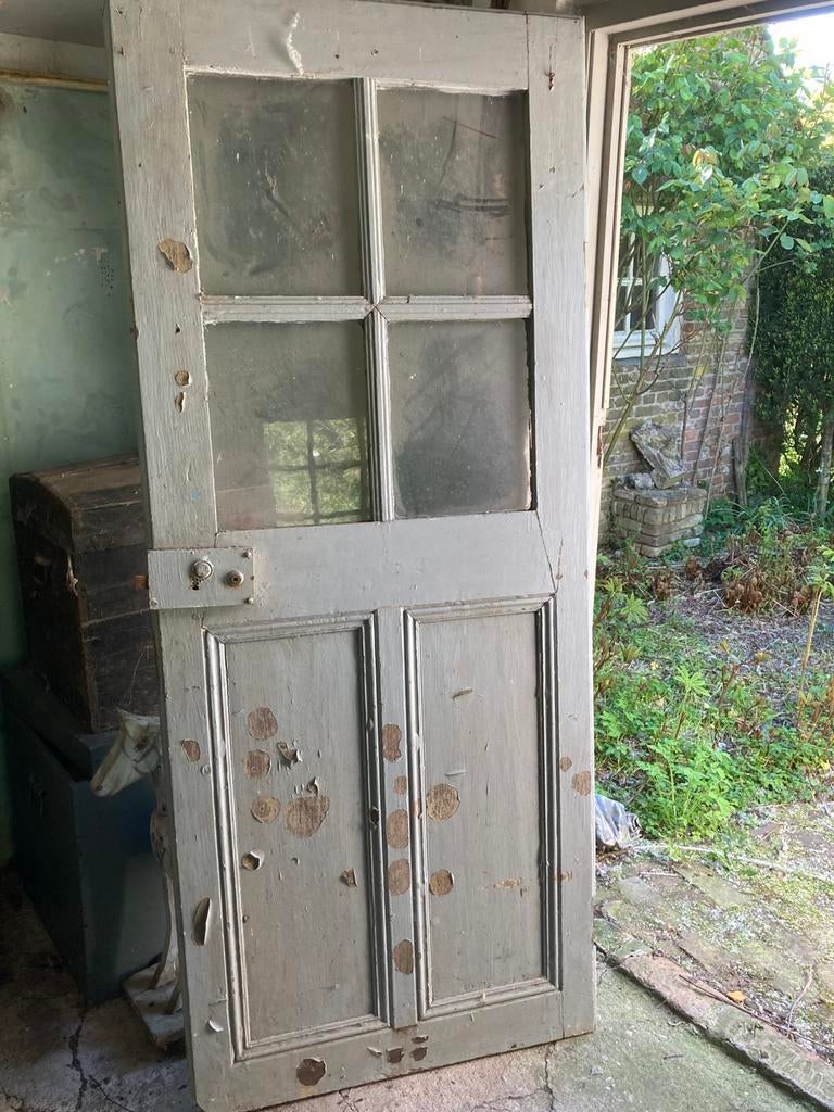 Franse eikenhouten binnendeur 4 ruits antiek, Ophalen, Gebruikt, Minder dan 80 cm, Binnendeur
