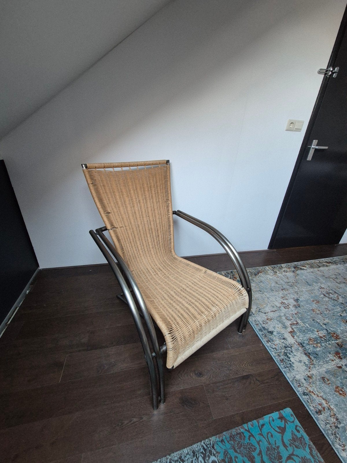Vintage rotan stoel met metalen frame, Ophalen, Gebruikt, Overige kleuren, Metaal