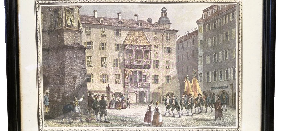 Antieke, handgekleurde gravure., Antiek en Kunst, Kunst | Etsen en Gravures, 28 cm, Dagelijks leven, 42 cm, Ophalen of Verzenden