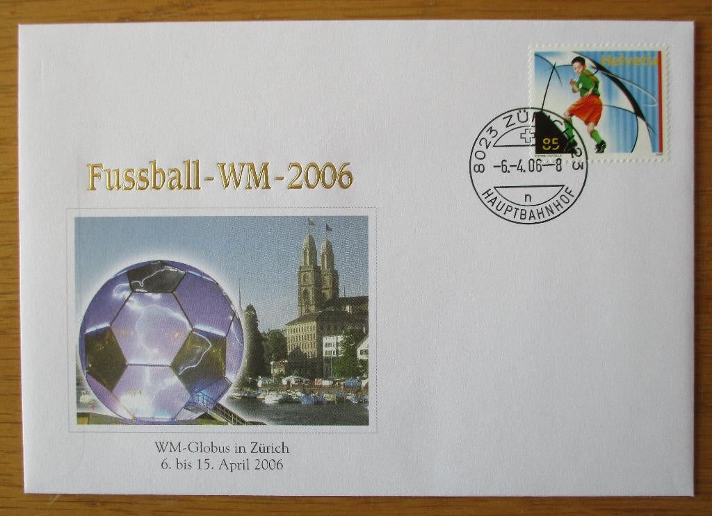 Zwitserland, FDC WK voetbal 2006, met WK-Globus, Verzenden, Gestempeld, Sport