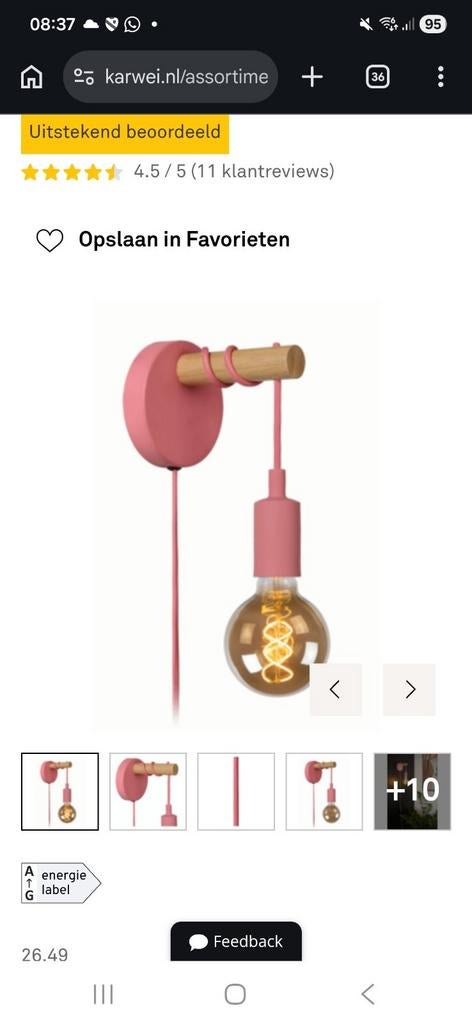 Roze wandlamp 2x nieuw, Ophalen of Verzenden, Nieuw, Hout, Modern, Scandinavisch, Speels