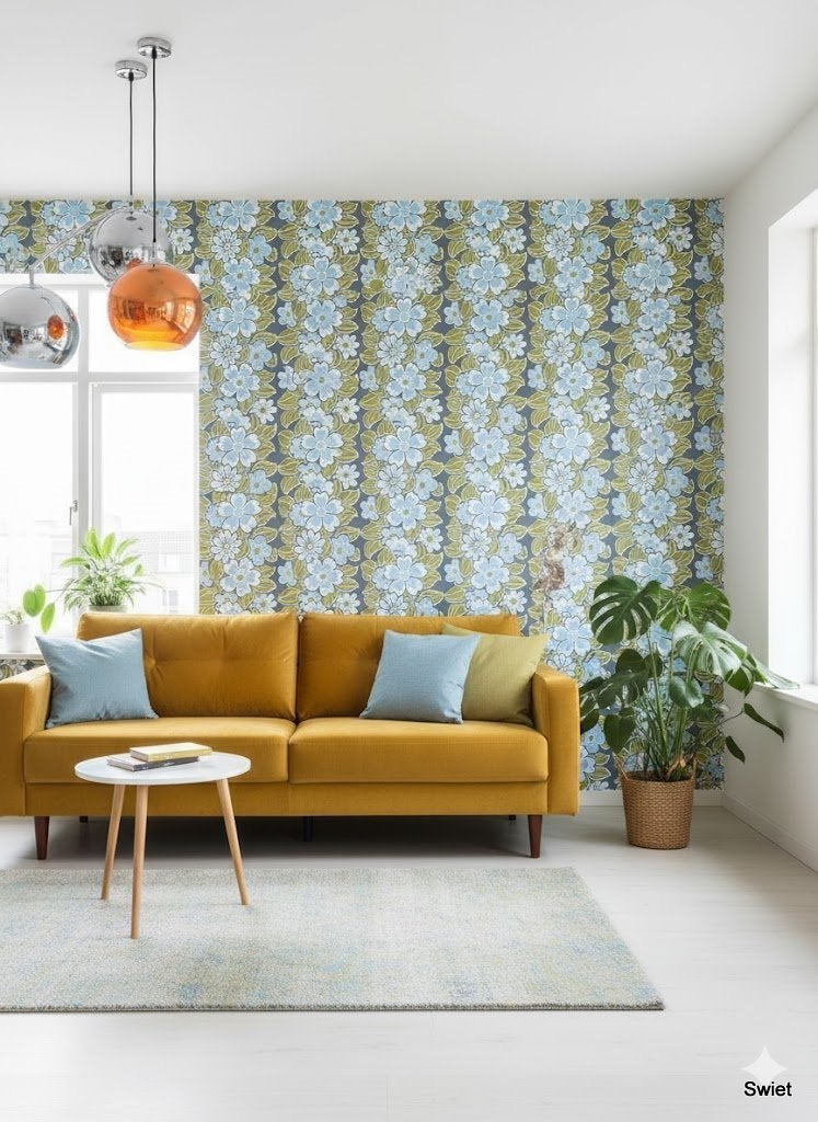 14274 vintage bloemenbehang blauw olijfgroen 70s swiet, Ophalen of Verzenden, Blauw