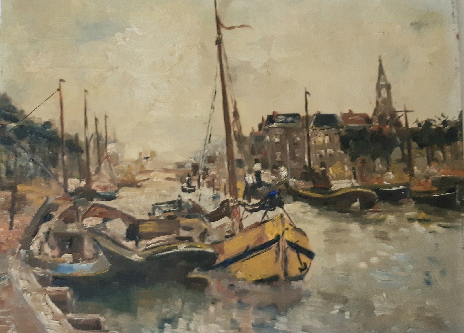 Olieverfschilderij havengezicht op paneel gesigneerd 1928, Realistisch, Ophalen of Verzenden, Olieverf, Gedateerd