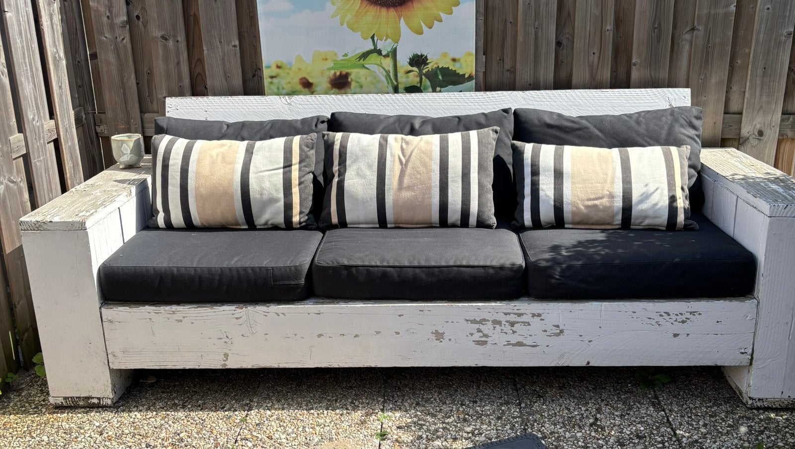 Steigerhouten bank met kussens, Tuin en Terras, Tuinbanken, Ophalen, Zo goed als nieuw, Hout