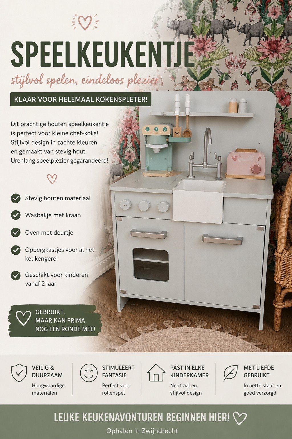 Lief houten speelkeukentje in zachte kleuren, Ophalen, Gebruikt